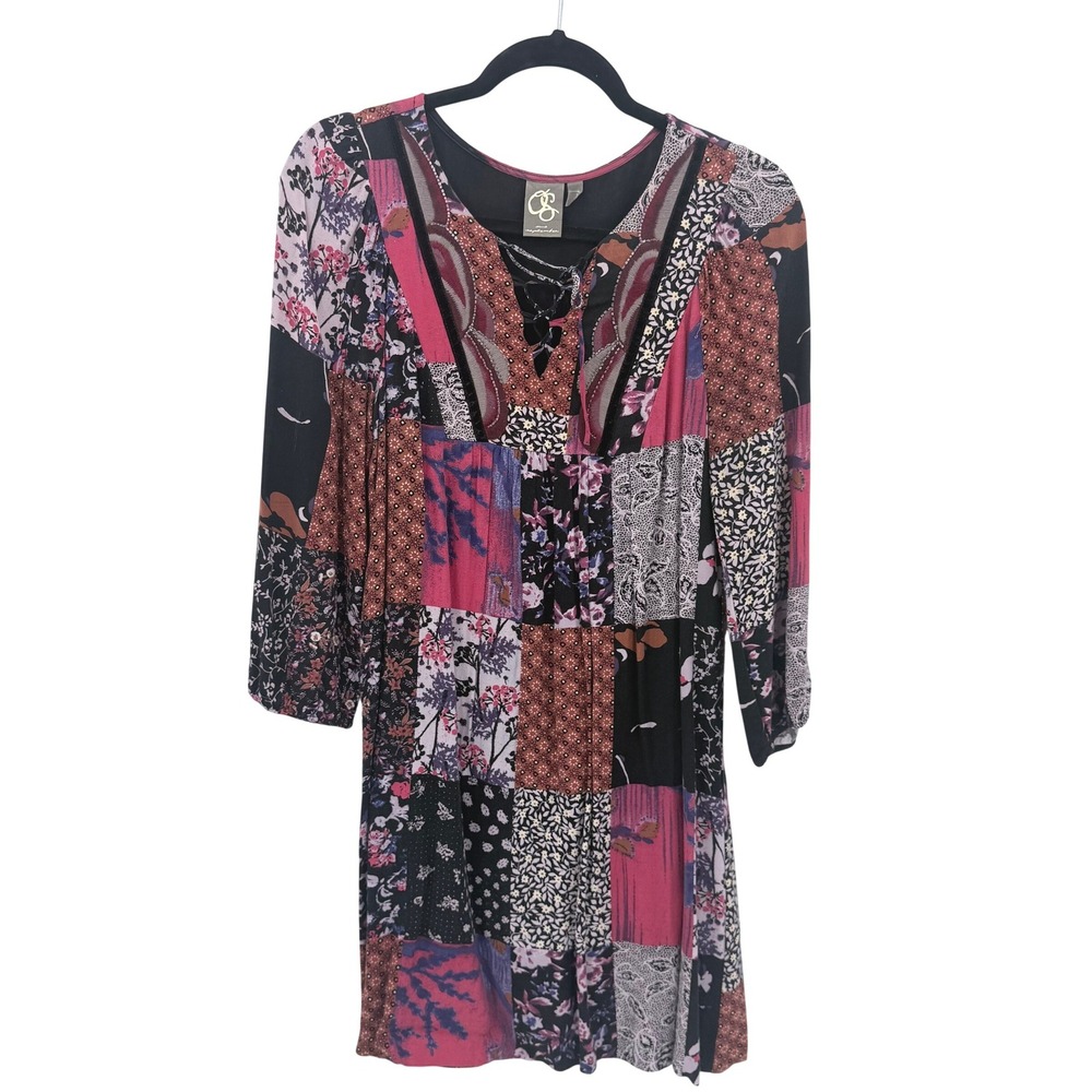 One September Anthropologie Patchwork Mini Dress XS Pink Black Lace Up Boho